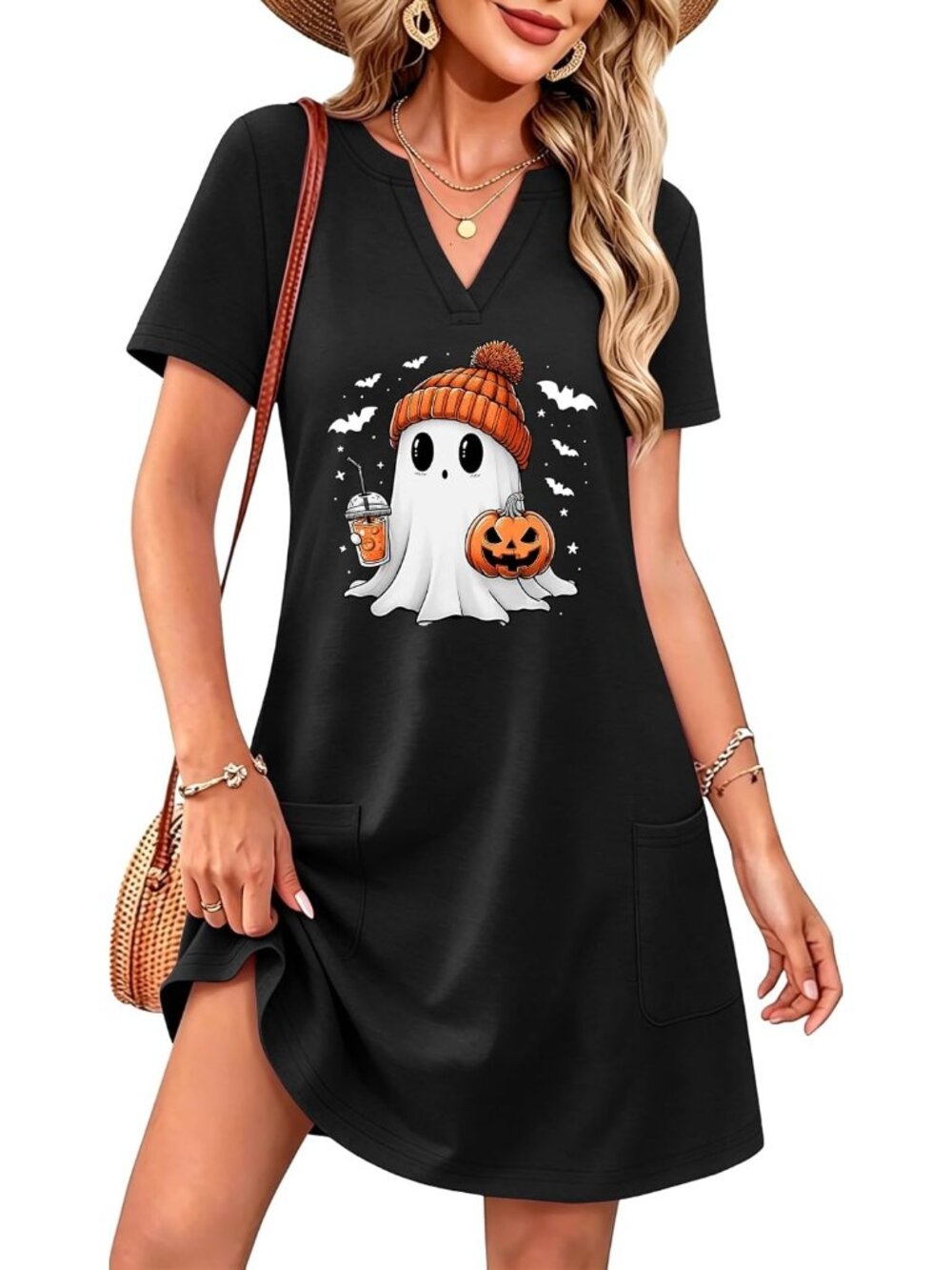 🆕Women's Halloween Cute Ghost V-Neck Short Sleeve Dress Black Pockets